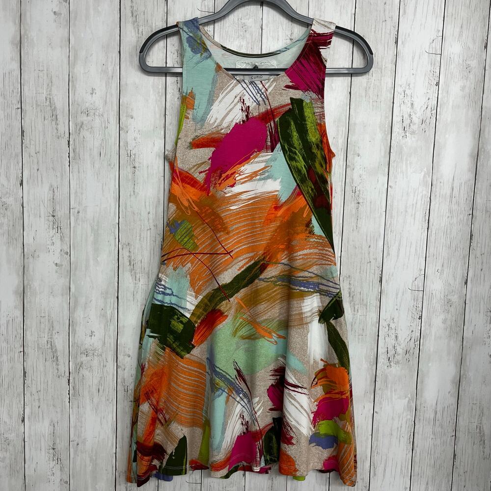Cupio Pink Orange Watercolor Abstract Mini Dress Small Stretch Sleeveless
